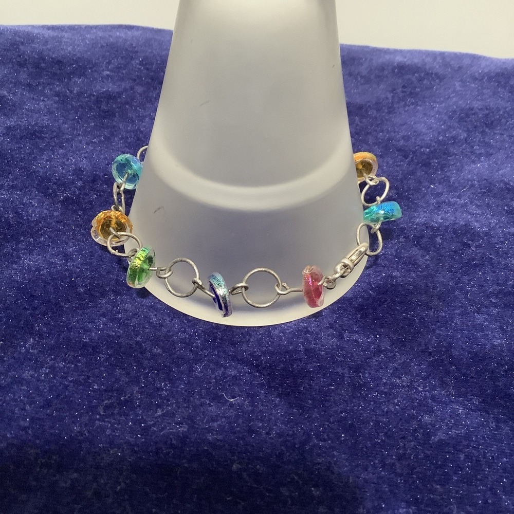 Handmade Wrapped Multi Color Glass Beads Bracelet Silver Tone 7.5-8in